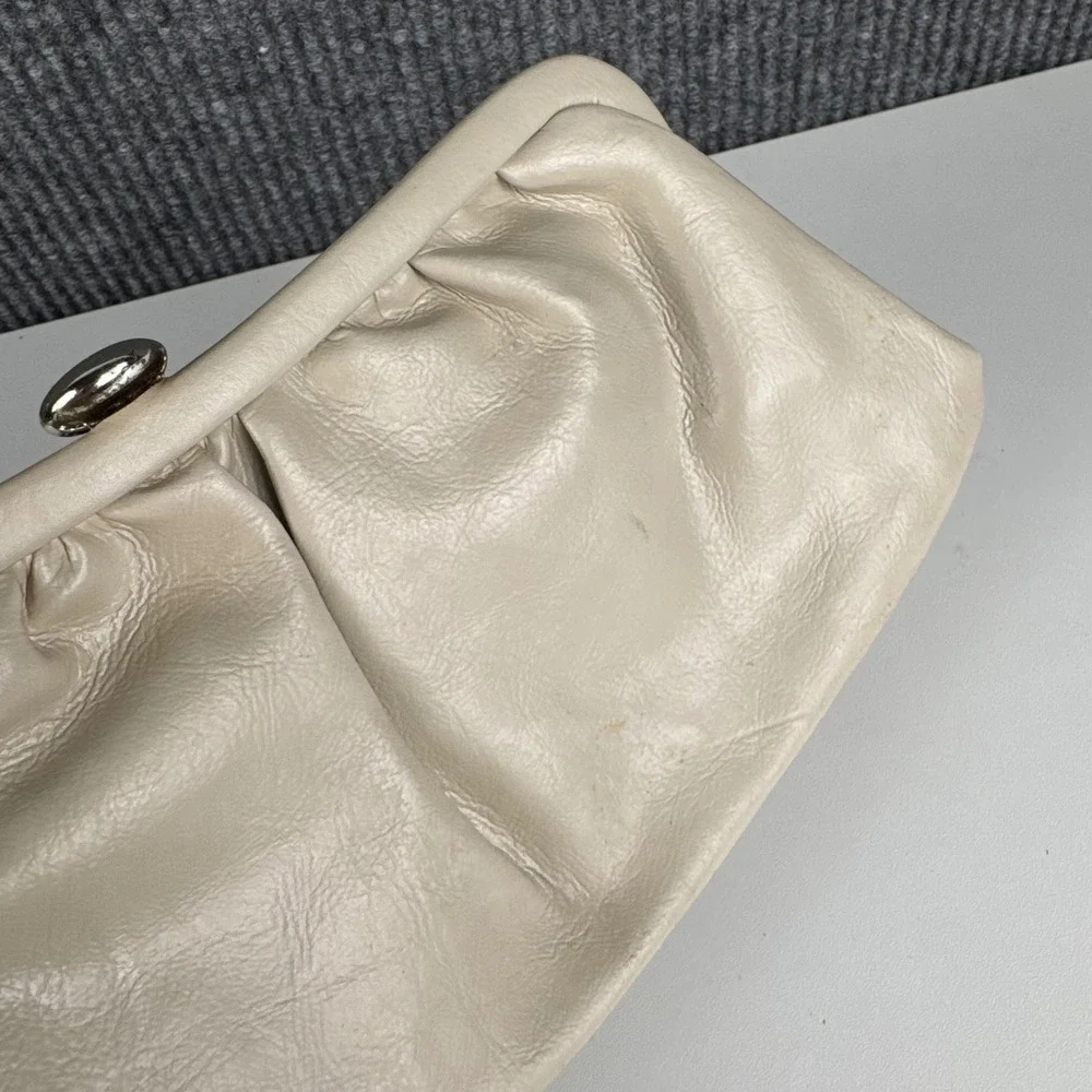 Vintage Cream Slouchy Frame Clutch Bag Evening‎ Pouch Off-White Silver B72Q